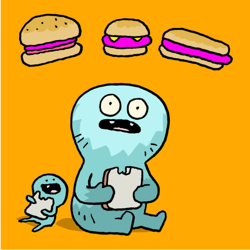 UMA and newborn UMA eating plain bread while imagining hamburgers and hotdogs