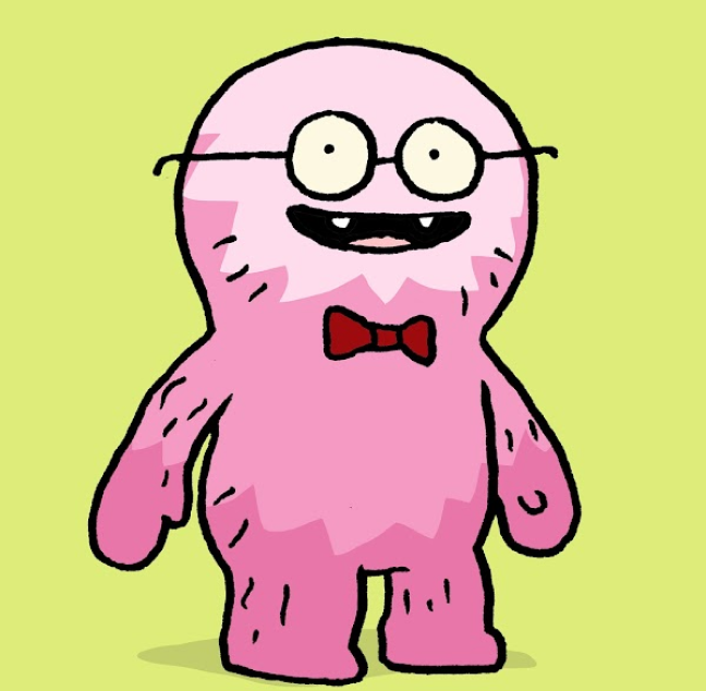 A pink UMA with glasses and a bowtie
